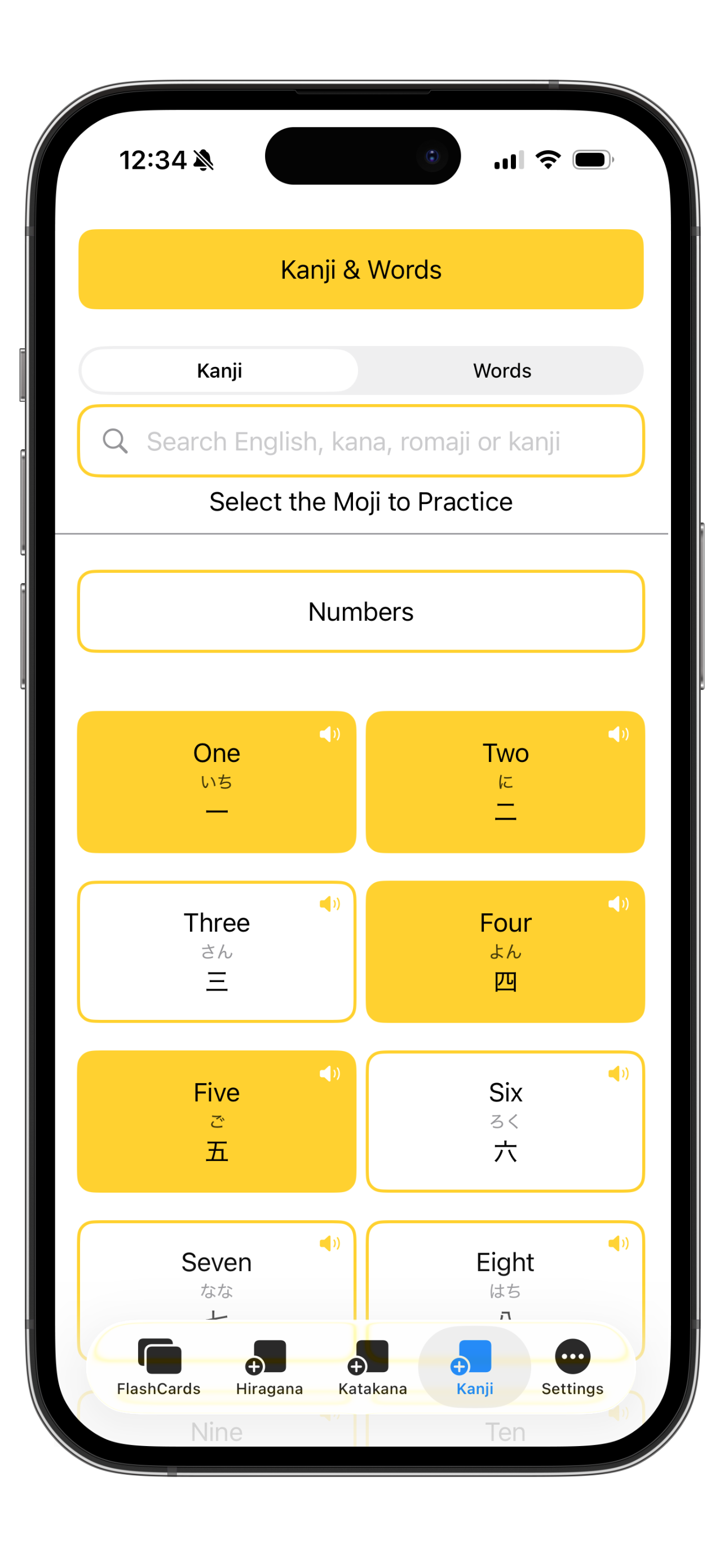 Moji FlashCards Kanji selection screen